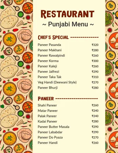Delicious Paneer Dishes with Spicy Tandoori Options Indian Cuisine Menu Template