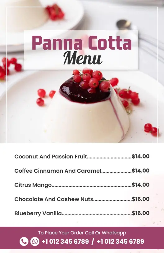 Delicious Panna Cotta Flavors Featuring Fruit and Nuts Dessert Menu Template