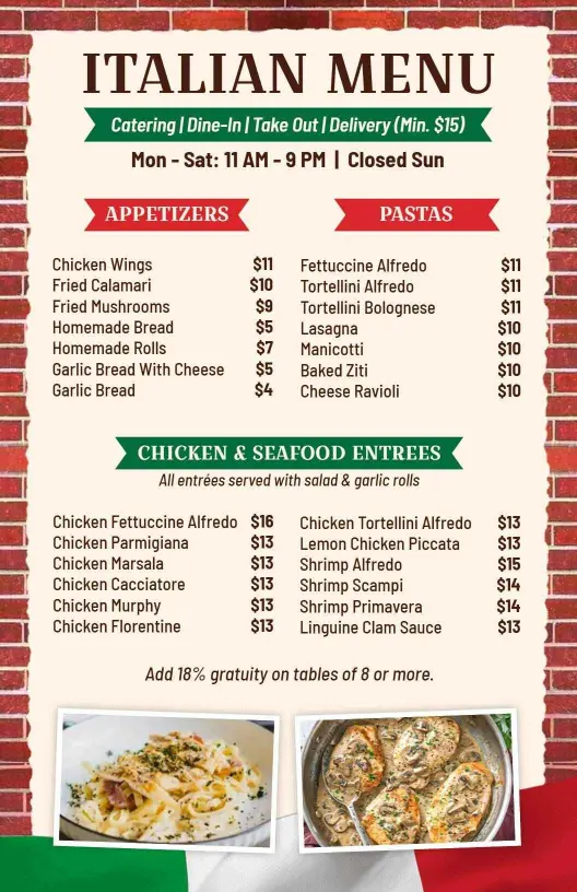Delicious Pasta and Appetizer Selections Featuring Italian Menu Template