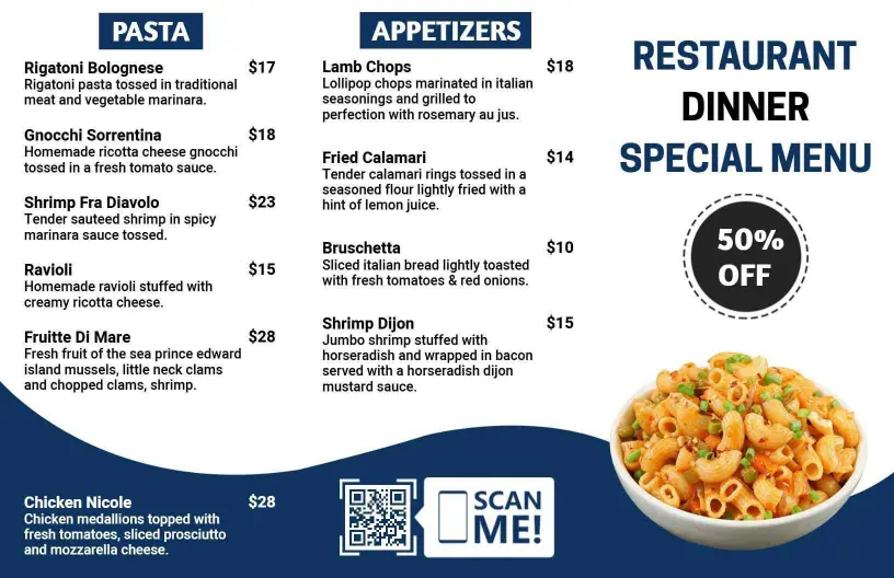 Delicious Pasta and Appetizer Selections for Dinner Tri Fold Menu Template