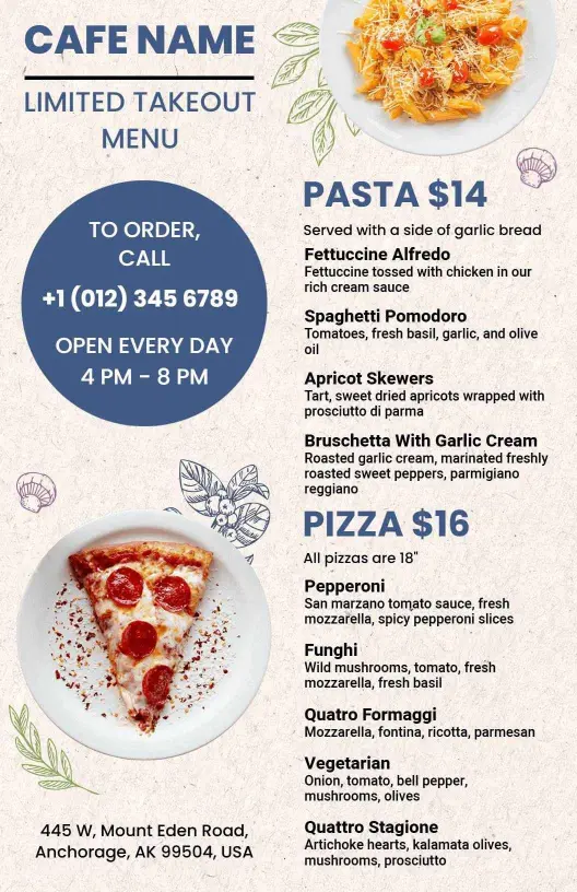 Delicious Pasta and Savory Pizza Selections Take-Out Menu Template
