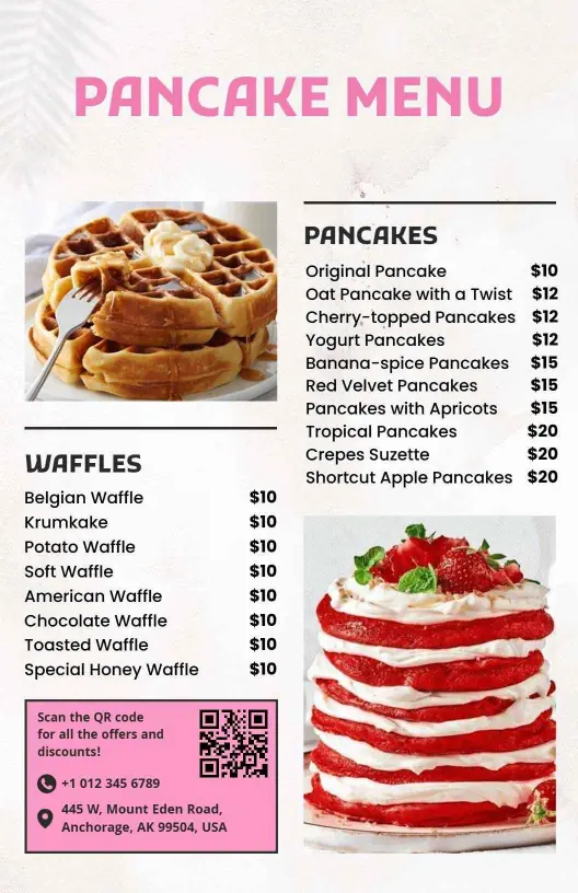 Delicious Pink Themed Pancake and Waffle Menu Template