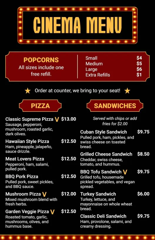 Delicious Pizza and Gourmet Hot Dogs with Refreshing Shakes Cinema Menu Template