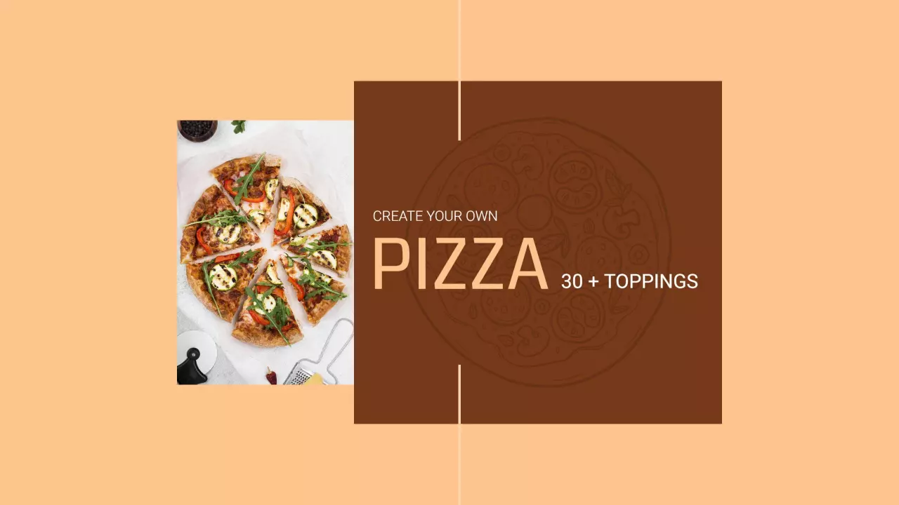 Delicious Pizza Creation with 30 Toppings on Brown Banner Template