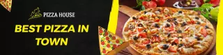 Delicious Pizza on a Black and Yellow Background Food Banner Template