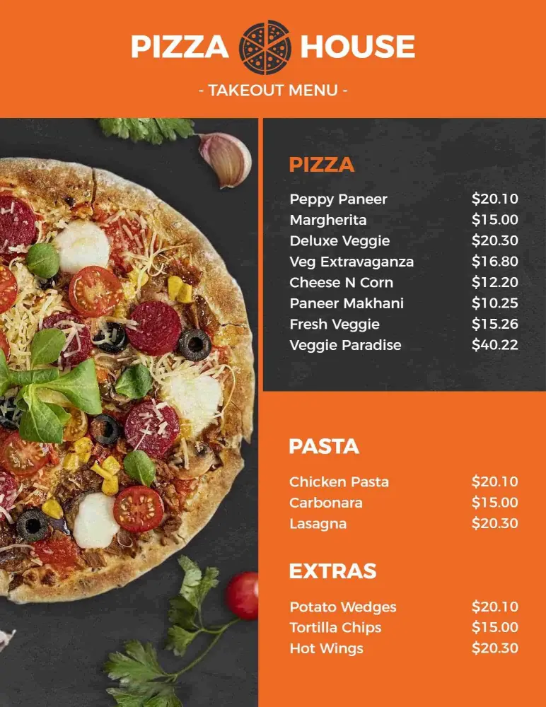 Delicious Pizzas and Pastas with Tasty Extras Take-Out Menu Template