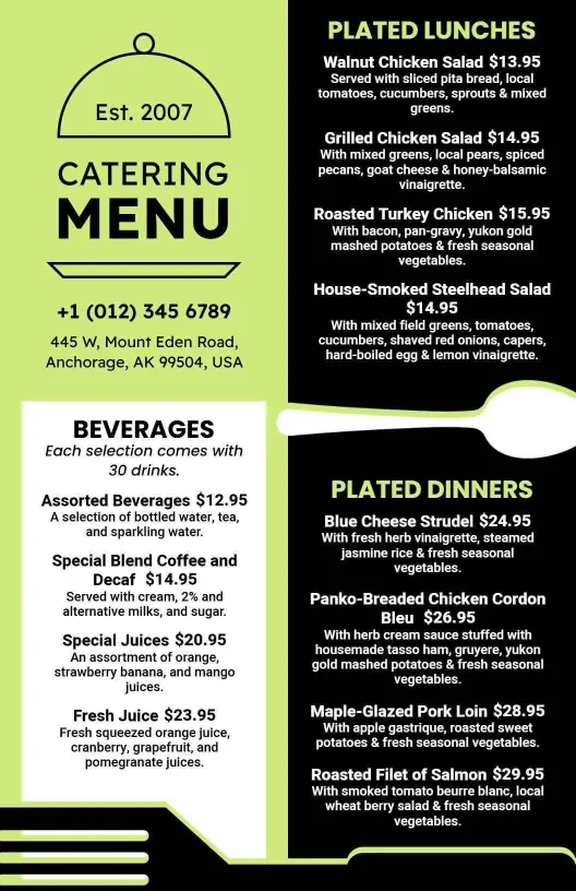 Delicious Plated Dishes and Beverage Offerings Catering Menu Template