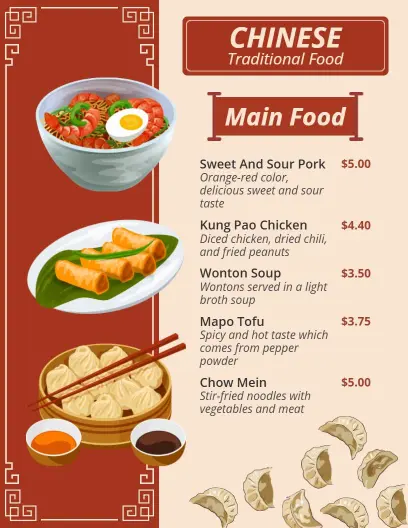 Delicious Pork and Chicken Selections in Classic Chinese Menu Template