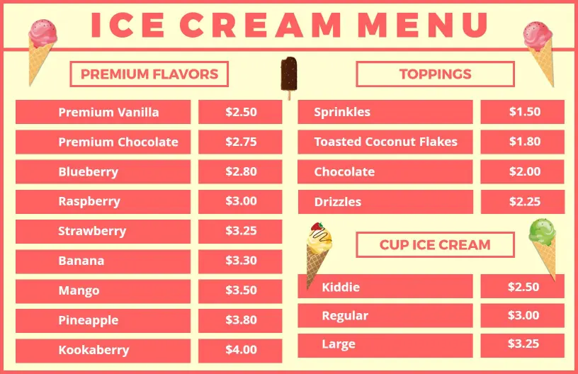 Delicious Premium Ice Cream Flavors and Toppings Selection Ice Cream Menu Template