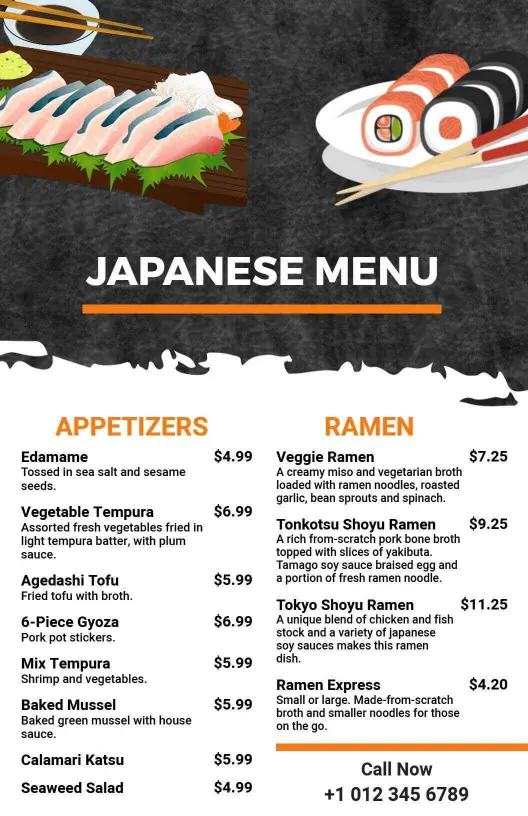 Delicious Ramen Dishes and Tasty Sushi Rolls Japanese Cuisine Menu Template