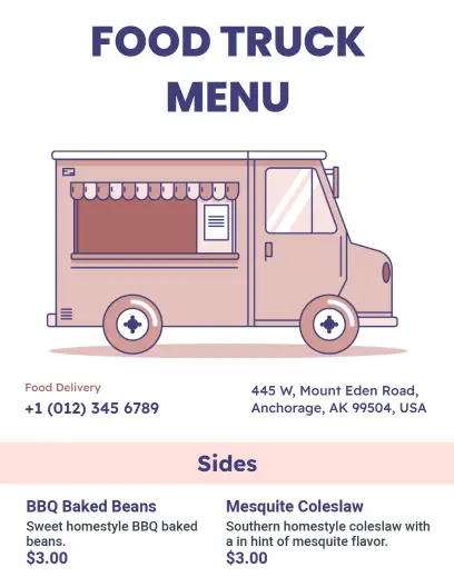 Delicious Sandwiches and Hearty Sides Galore Food Truck Menu Template