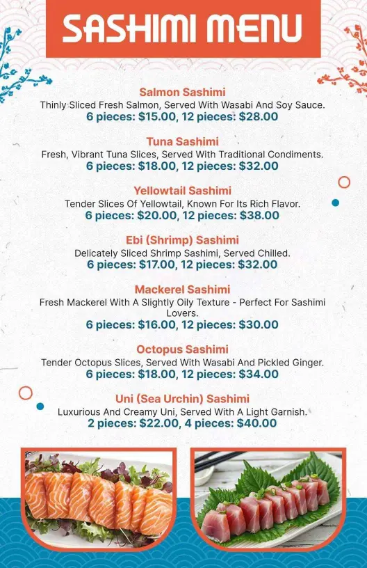 Delicious Sashimi Varieties Featuring Fresh Fish Selections Japanese Cuisine Menu Template