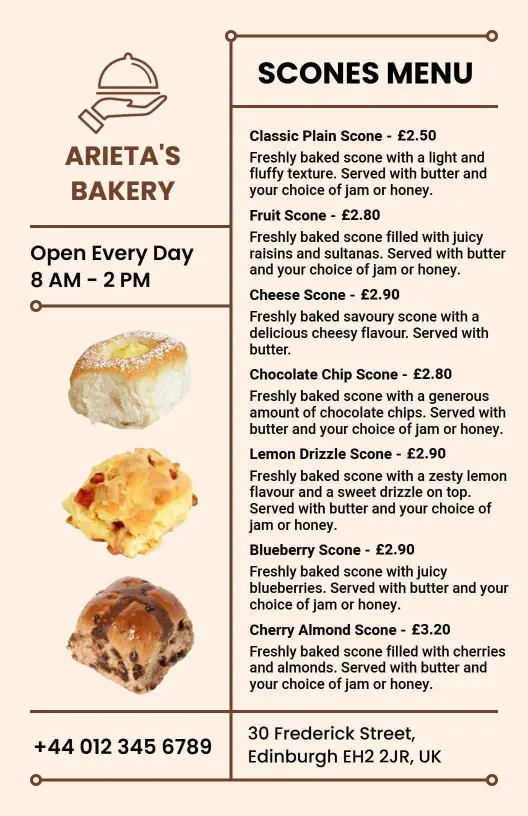 Delicious Scone Varieties Including Fruits and Chocolates Bakery Menu Template