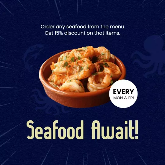 Delicious Seafood Dish with 15% Discount Offer Ad Template