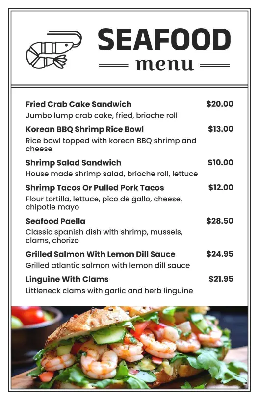 Delicious Seafood Dishes with Shrimp, Fish, and Clams Seafood Menu Template