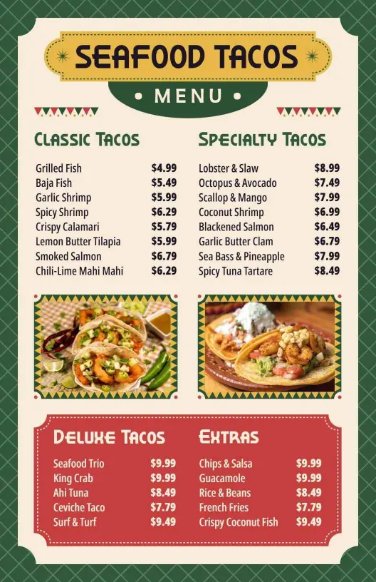 Delicious Seafood Tacos with Fresh Ingredients and Flavors Menu Template