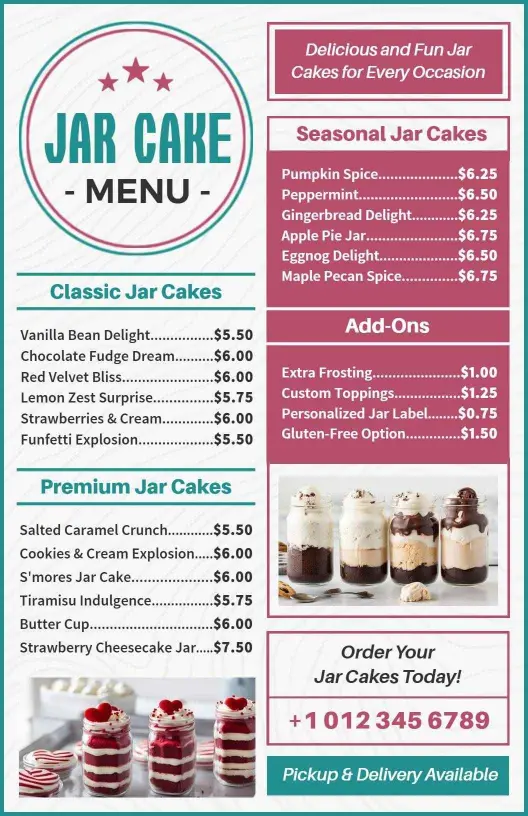 Delicious Seasonal and Classic Jar Cake Flavor Creations Cake Menu Template