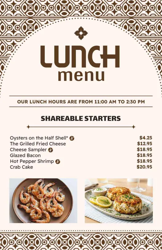 Delicious Shareable Starters and Flavorful Lunch Specialties Menu Template