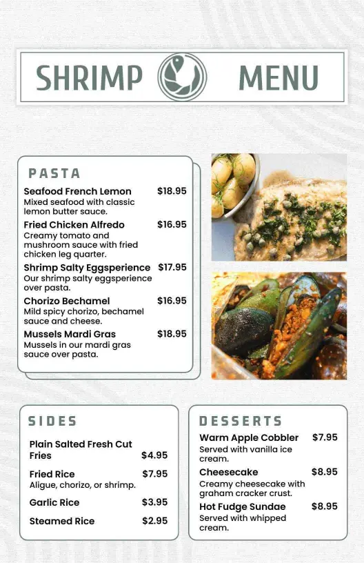 Delicious Shrimp Dishes with Rich Flavors and Sauces Seafood Menu Template