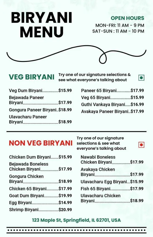 Delicious Signature Veg and Non-Veg Biryani Selections Menu Template