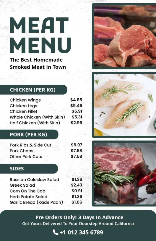 Delicious Smoked Chicken and Pork Selection with Sides Meat Menu Template