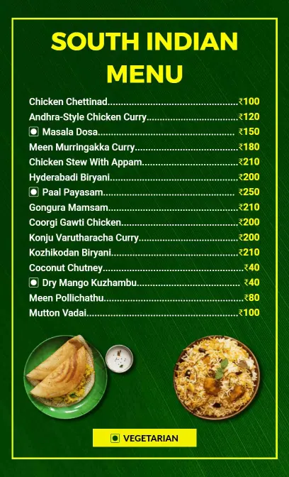 Delicious South Indian Specialties and Traditional Dishes Indian Cuisine Menu Template