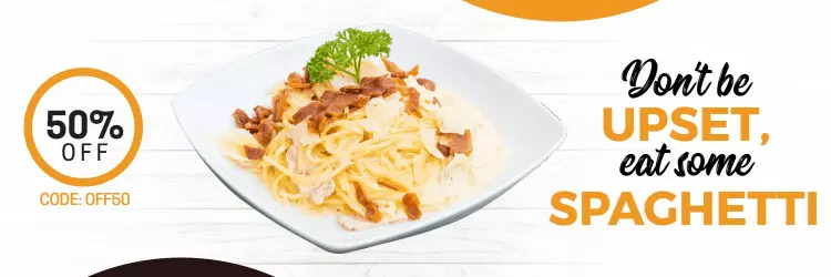 Delicious Spaghetti Promotion with Bold 50 Percent Off Banner Template