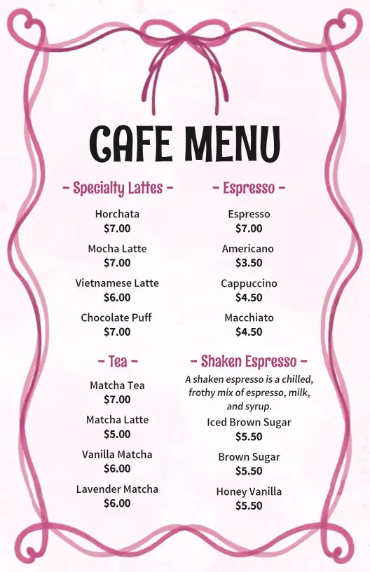 Delicious Specialty Lattes and Espresso Drinks Cafe Menu Template