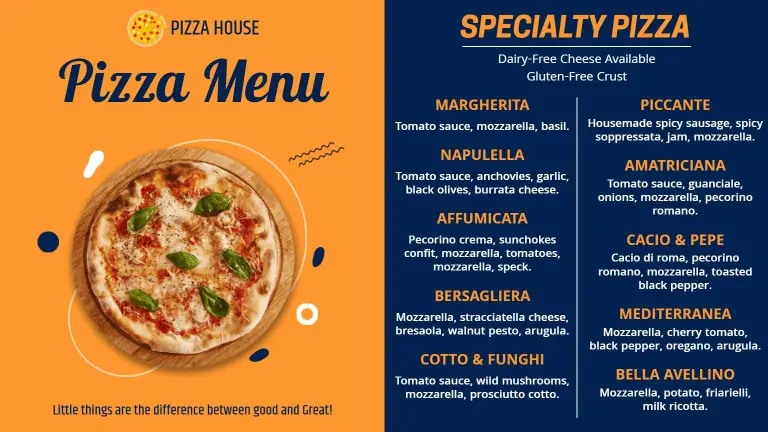 Delicious Specialty Pizza Varieties and Savory Options Pizza Menu Template