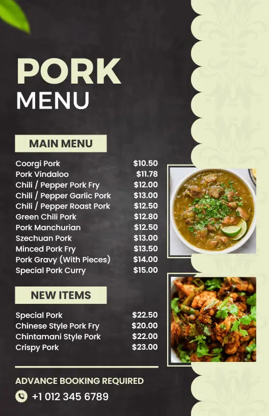 Delicious Spiced Dishes and Savory Curries Pork Menu Template