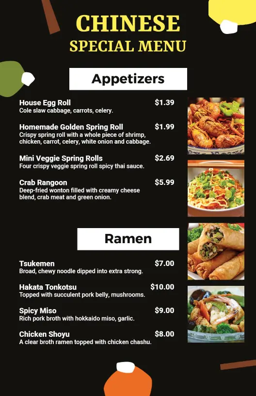 Delicious Spring Rolls and Flavorful Ramen Offerings Chinese Menu Template