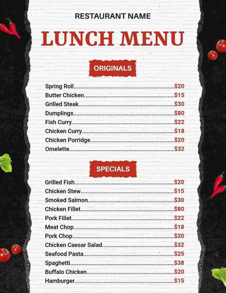 Delicious Spring Rolls and Grilled Steaks Lunch Menu Template