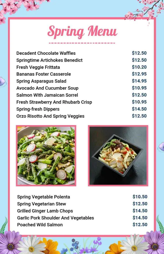 Delicious Springtime Dishes and Fresh Ingredients Seasonal Menu Template