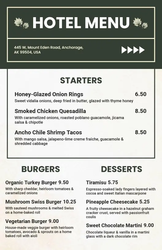Delicious Starters and Elegant Dishes for Luxury Hotel Menu Template