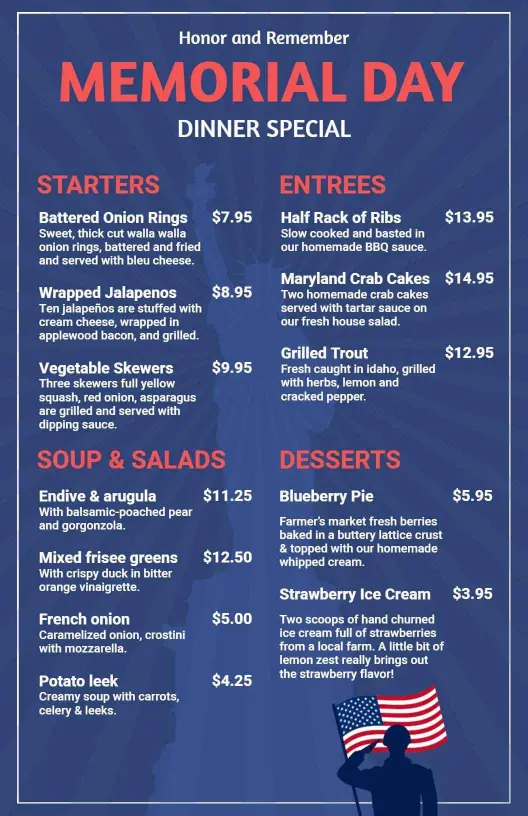 Delicious Starters and Grilled Entrees for Memorial Day Menu Template