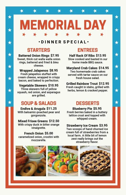 Delicious Starters and Savory Entrées for Memorial Day Menu Template