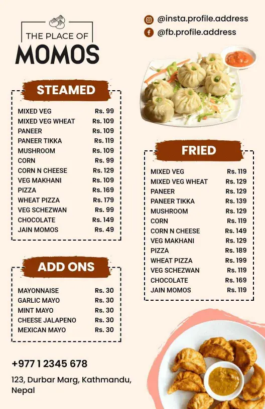 Delicious Steamed and Fried Dumpling Varieties Momos Menu Template