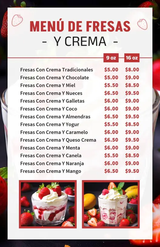 Delicious Strawberry Desserts with Cream and Toppings Dessert Menu Template