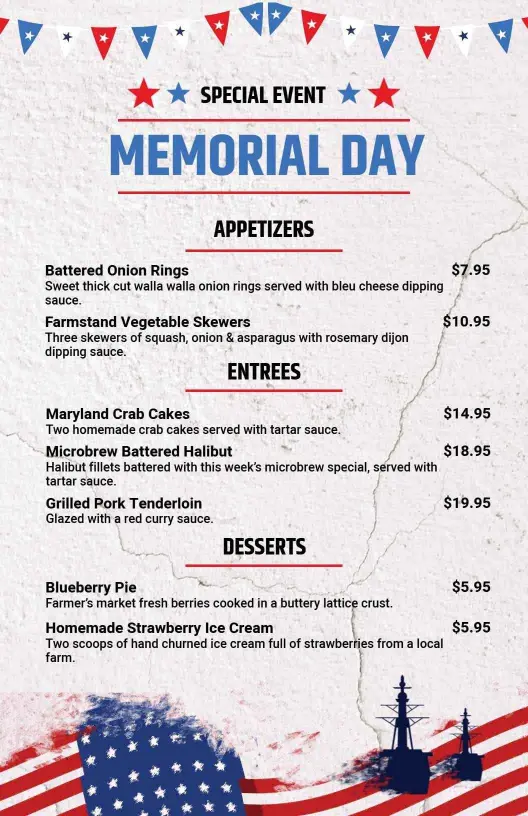 Delicious Summer Barbecue Favorites and Festive Dishes Memorial Day Menu Template