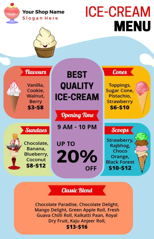 Delicious Sundae and Flavorful Scoop Selections Ice Cream Menu Template