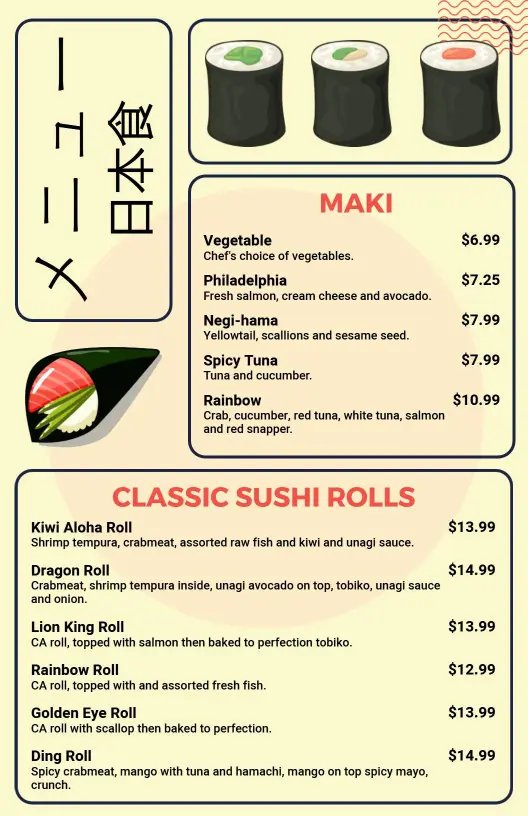 Delicious Sushi Rolls and Maki Selections Japanese Cuisine Menu Template