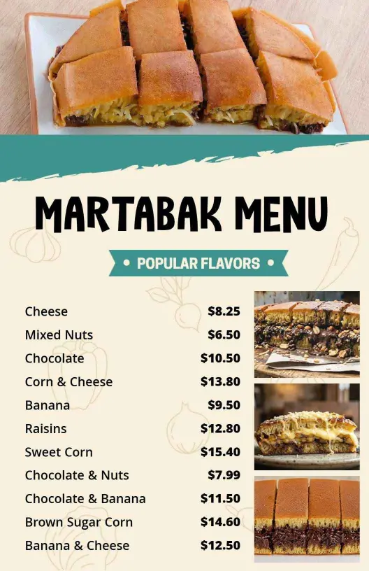 Delicious Sweet and Savory Flavor Selections Martabak Menu Template