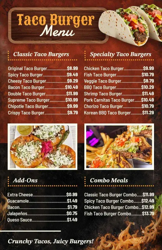 Delicious Taco Burger Creations Featuring Unique Toppings Tacos Menu Template