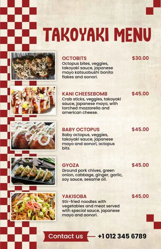 Delicious Takoyaki and Japanese Street Food Classics Japanese Cuisine Menu Template