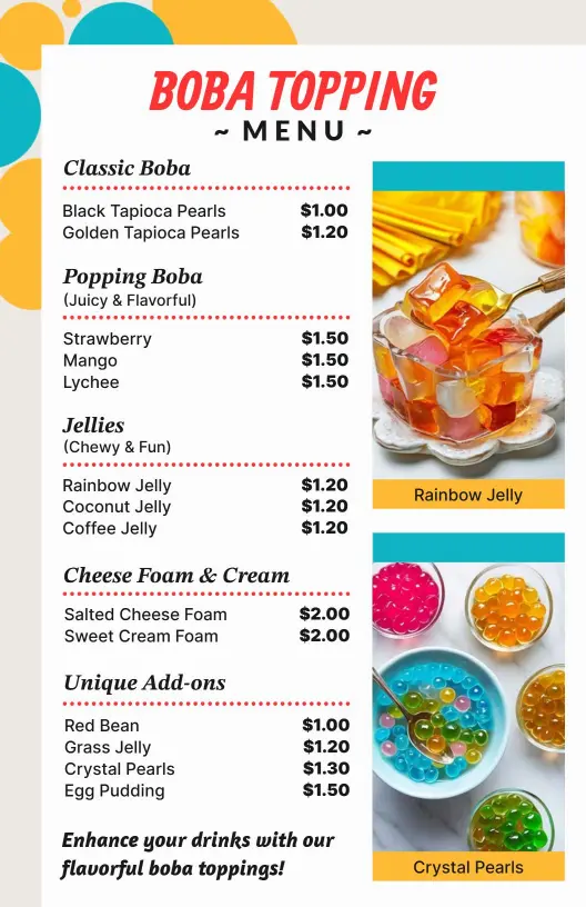 Delicious Toppings and Flavors for Your Favorite Boba Menu Template