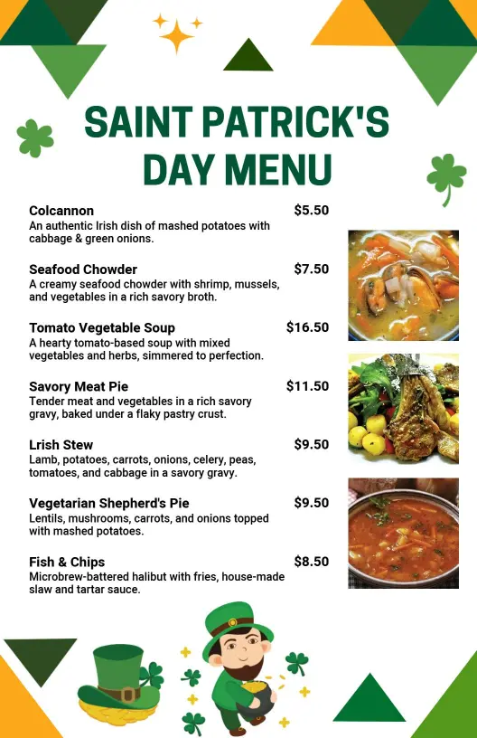 Delicious Traditional Irish Dishes and Festive Flavors St. Patrick's Day Menu Template