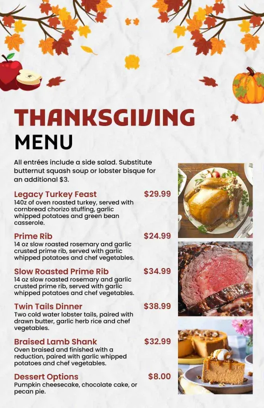 Delicious Turkey and Prime Rib Selections Thanksgiving Menu Template