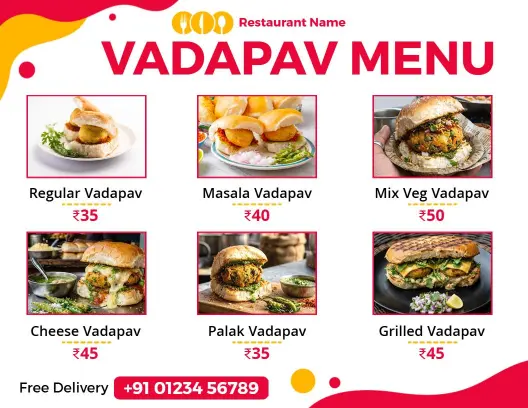 Delicious Vadapav Varieties Featuring Masala and Cheese Options Menu Template