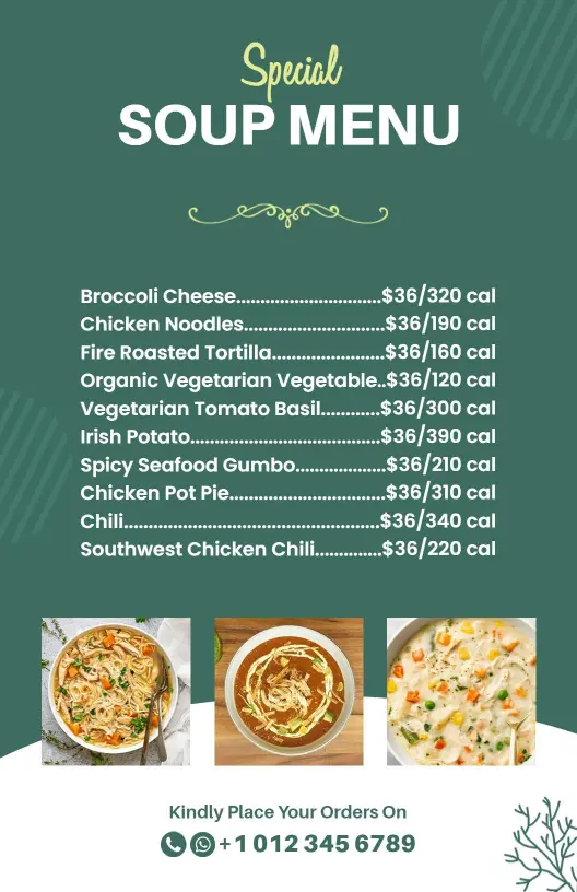 Delicious Varieties of Comforting Soups and Broths Soup Menu Template