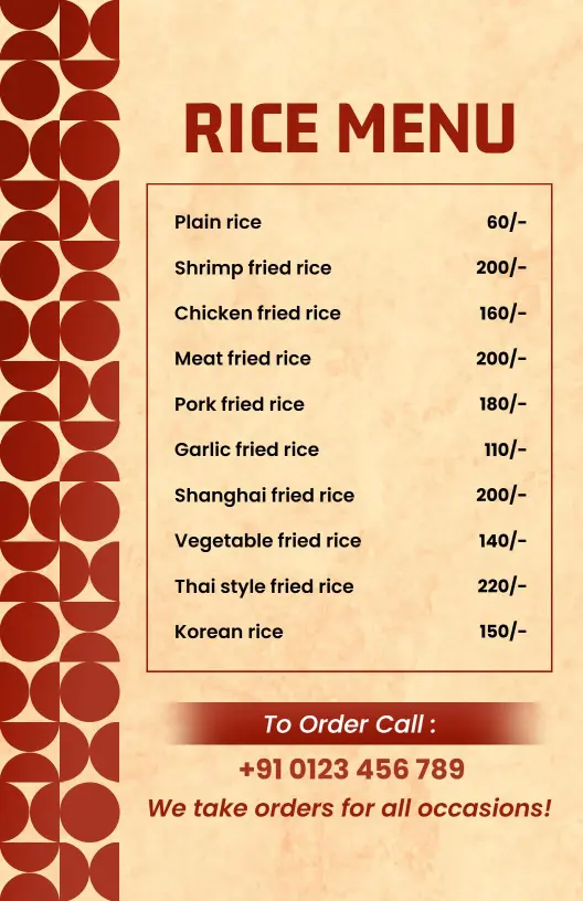 Delicious Varieties of Fried Rice and Flavorful Options Rice Menu Template